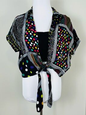 Vintage 80’s Polka Dot Tie-Front Women's Top - Black Multicolor